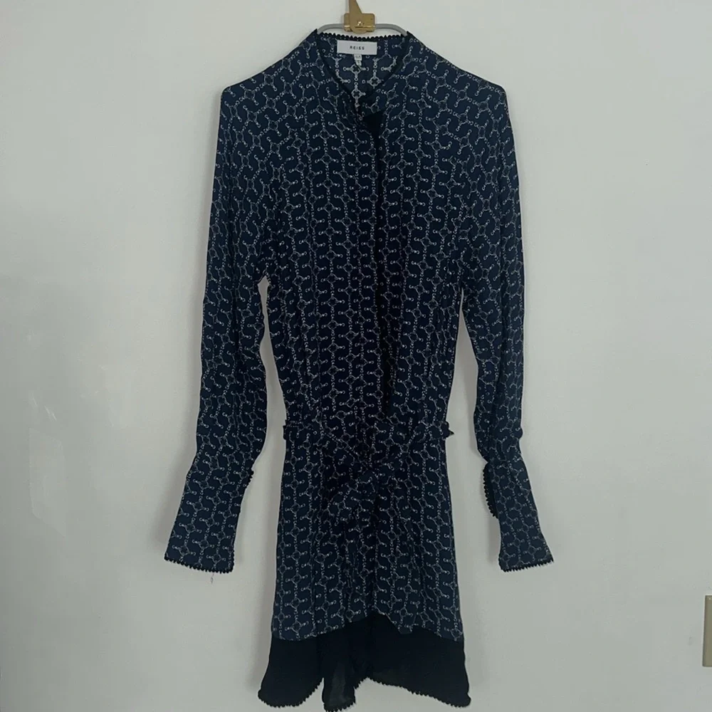 New REISS Viviyan Chain Print A-line Flippy Dress In Navy Size 6 - Picture 3 of 9